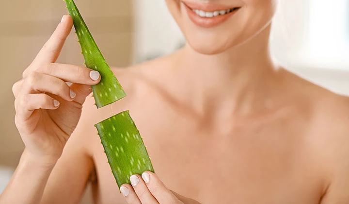 Frau hält aufgeschnittenes Aloe Vera-Blatt in den Händen 